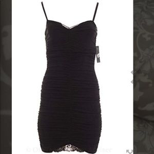 Black spaghetti strap ruched lace detail minidress